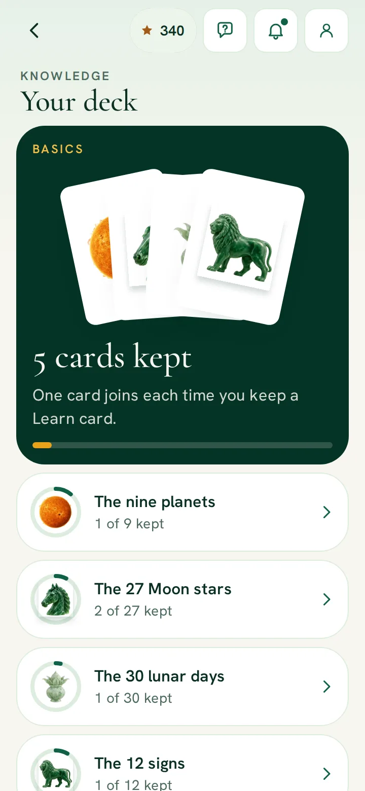 RitamSage app screen: the knowledge deck