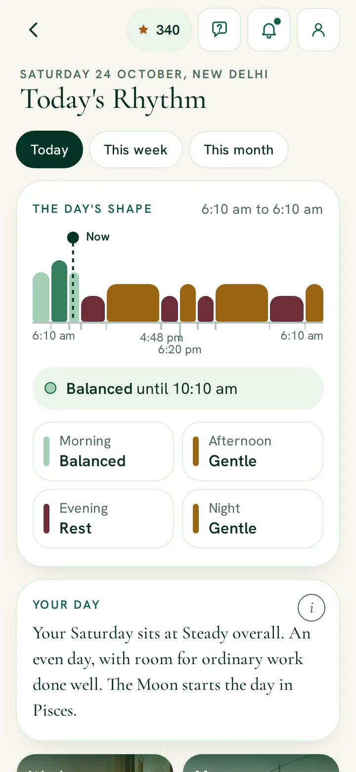 RitamSage app screen: Today’s Rhythm across the hours and life areas