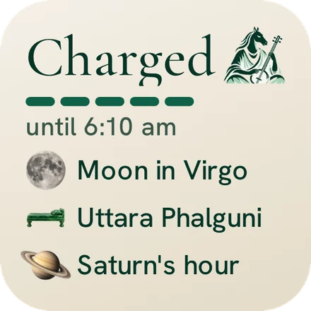 The RitamSage home-screen widget: Charged until 6:10 am, Moon in Virgo, Uttara Phalguni, Saturn's hour, on the Sand ground